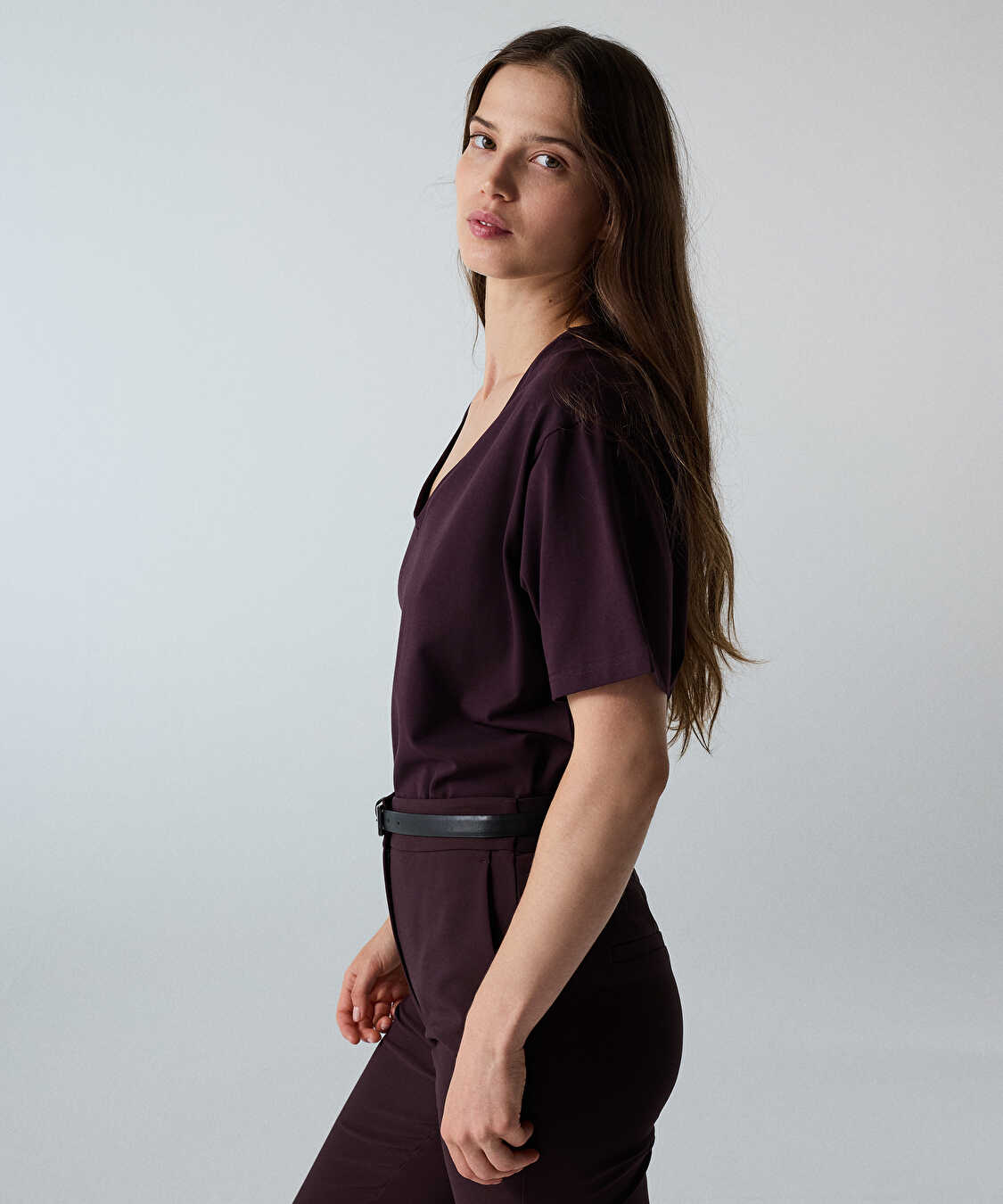 V yaka basic tişört - IW6260070138008 - Mürdüm Tişört