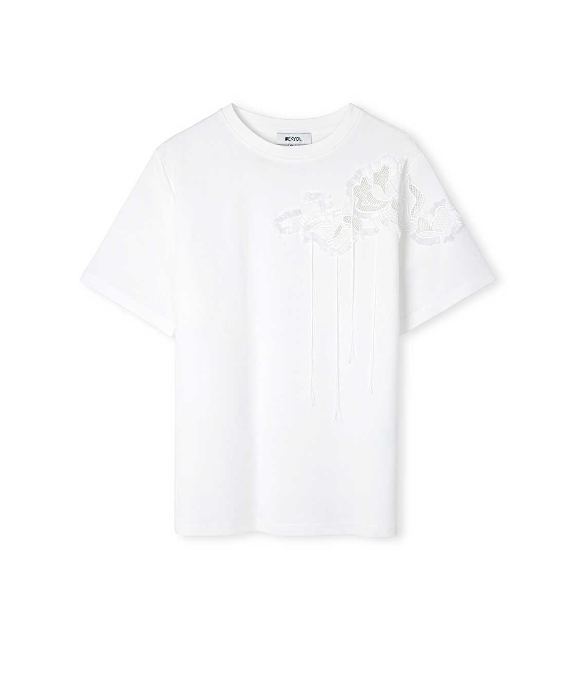 Floral nakışlı püsküllü tişört - IW6260070147002 - Beyaz Tişört