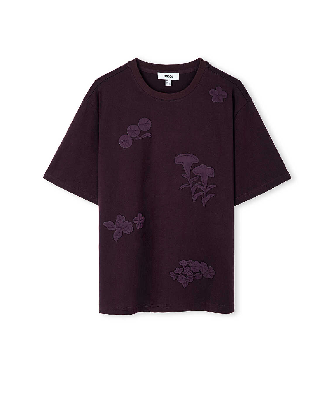 Floral aplikeli tişört - IW6260070149008 - Mürdüm Tişört