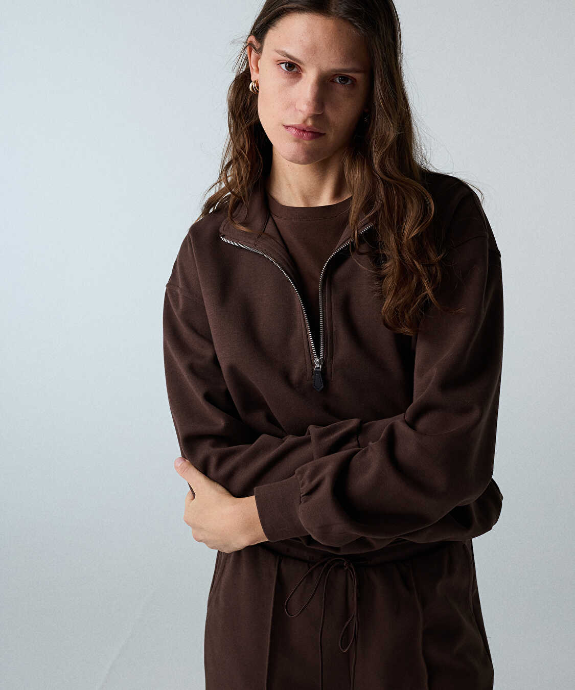Çift parça görünüm sweatshirt - IW6260091112074 - Kahverengi Sweatshırt