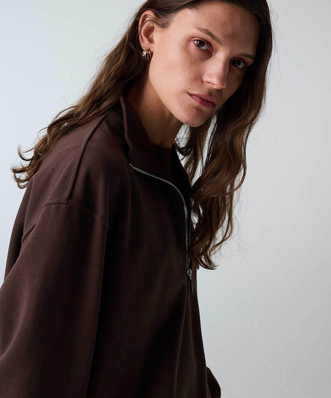 Çift parça görünüm sweatshirt - IW6260091112074 - Kahverengi Sweatshırt