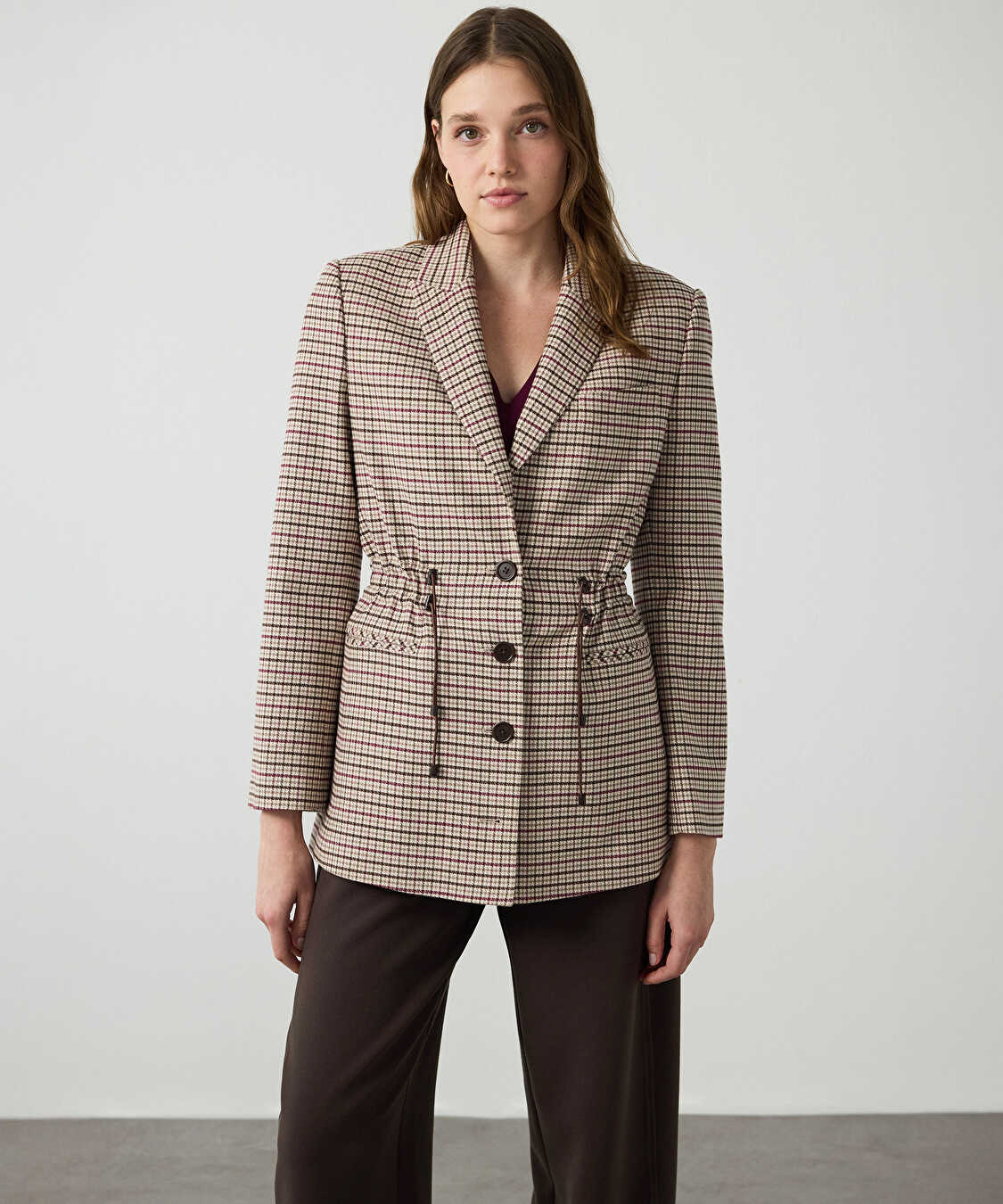 Ekose desen ayarlanabilir bel blazer - IW6260106107023 - Bej Blazer