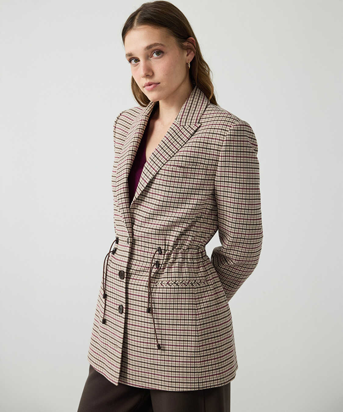 Ekose desen ayarlanabilir bel blazer - IW6260106107023 - Bej Blazer