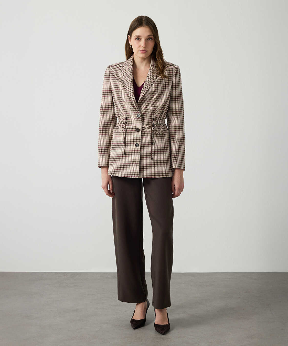 Ekose desen ayarlanabilir bel blazer - IW6260106107023 - Bej Blazer