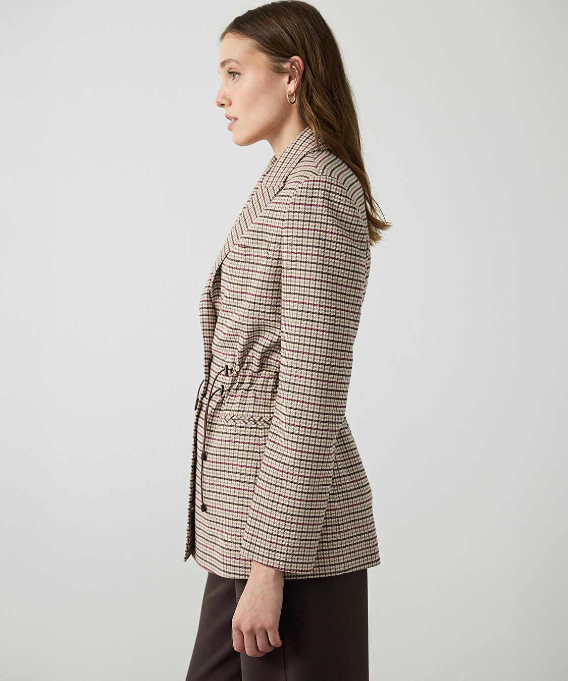 Ekose desen ayarlanabilir bel blazer - IW6260106107023 - Bej Blazer