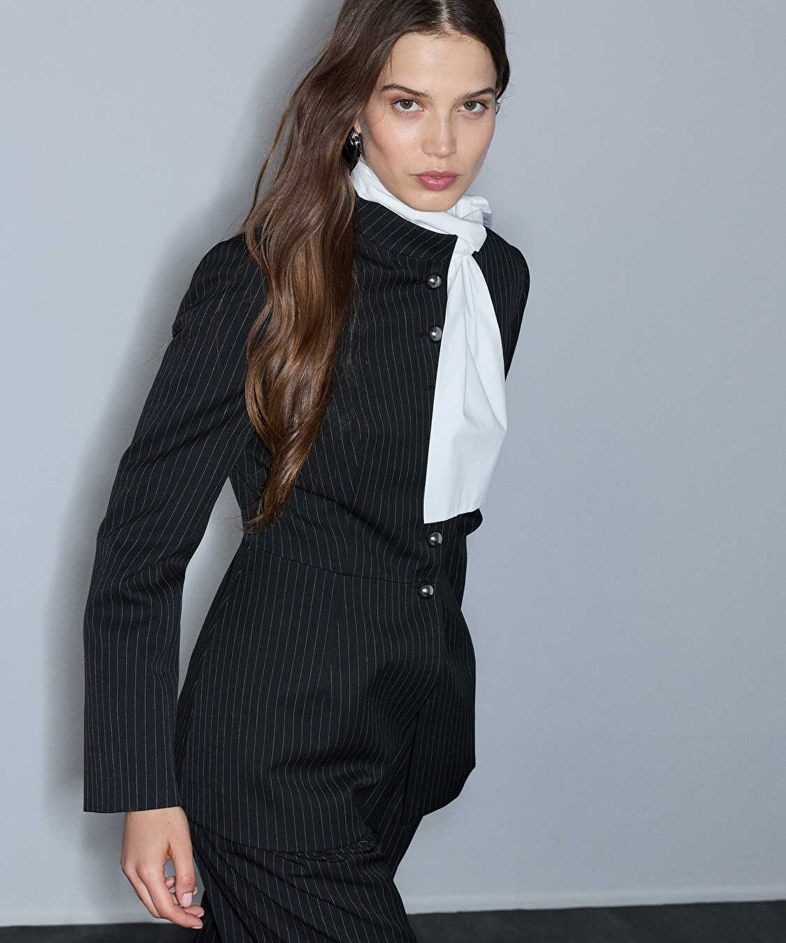 Çizgi desen yüksek yaka blazer - IW6260106122001 - Siyah Blazer