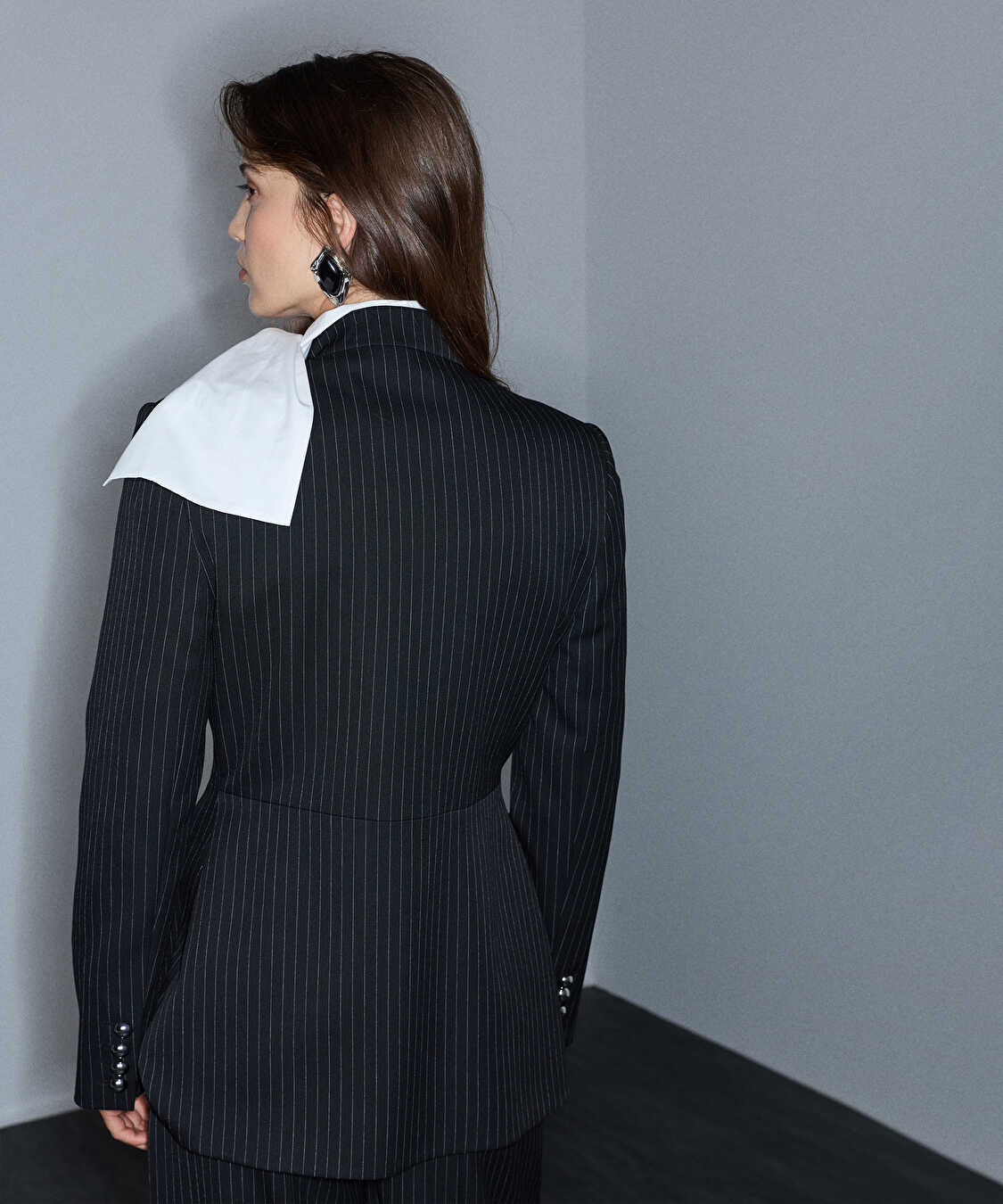 Çizgi desen yüksek yaka blazer - IW6260106122001 - Siyah Blazer