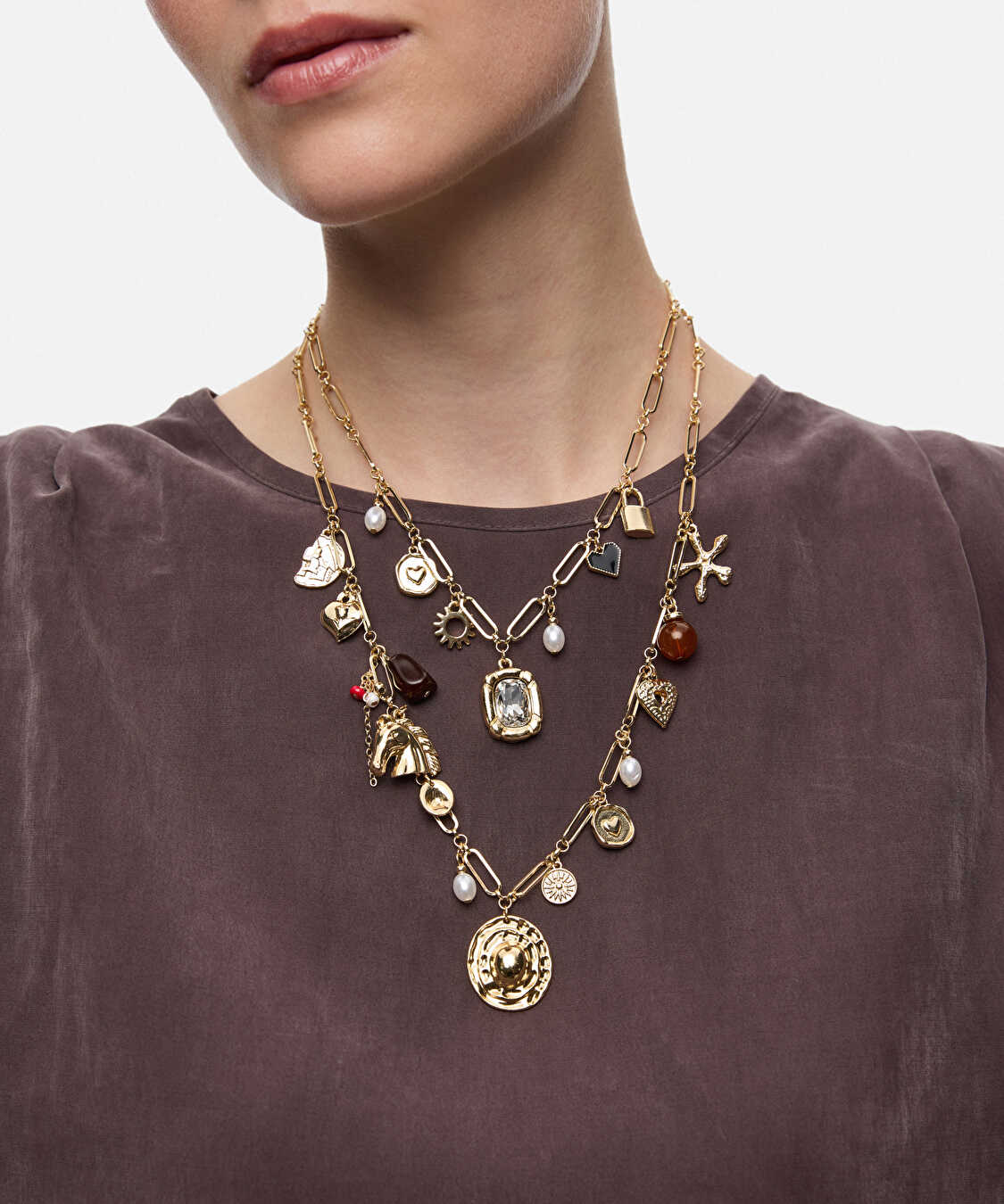 Kombine charm lı zincir kolye - IW6260051033265 - Altın Kolye