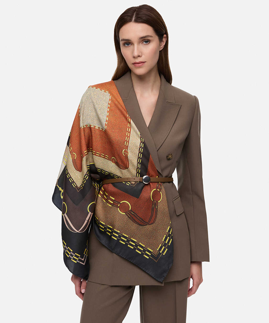 Görsel baskılı colorblock eşarp - IW6260065012074 - Kahverengi Şal ve Fular