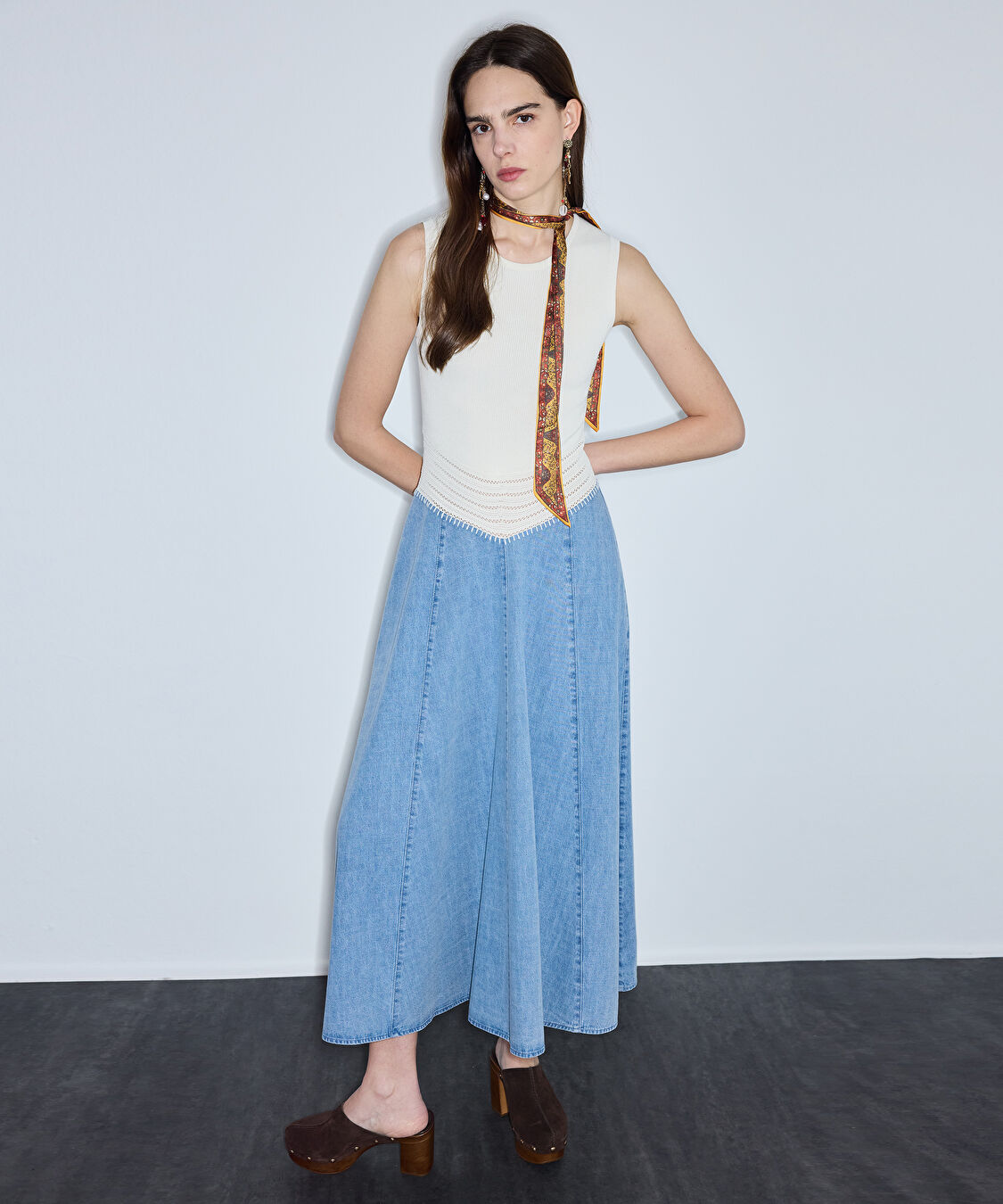 Denim ve triko mix elbise - IS1260002366CC2 - Açık İndigo Elbise