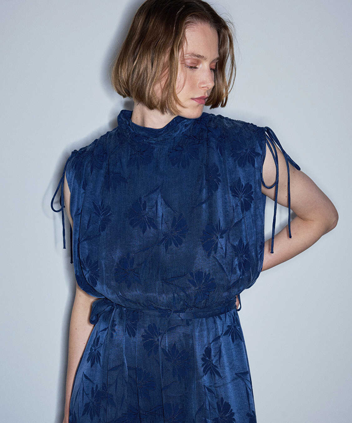 Floral jakarlı midi elbise - IS1260002623015 - Lacivert Elbise