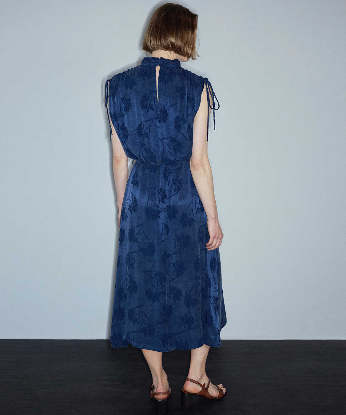 Floral jakarlı midi elbise - IS1260002623015 - Lacivert Elbise