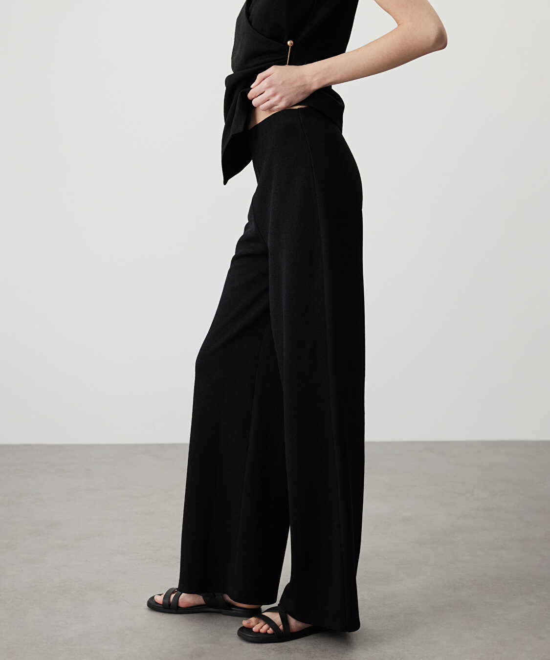 Wide leg penye pantolon - IS1260003067001 - Siyah Pantolon