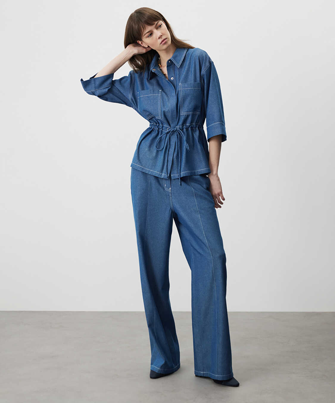 Kontrast dikişli wide leg pantolon - IS1260003078015 - Lacivert Pantolon