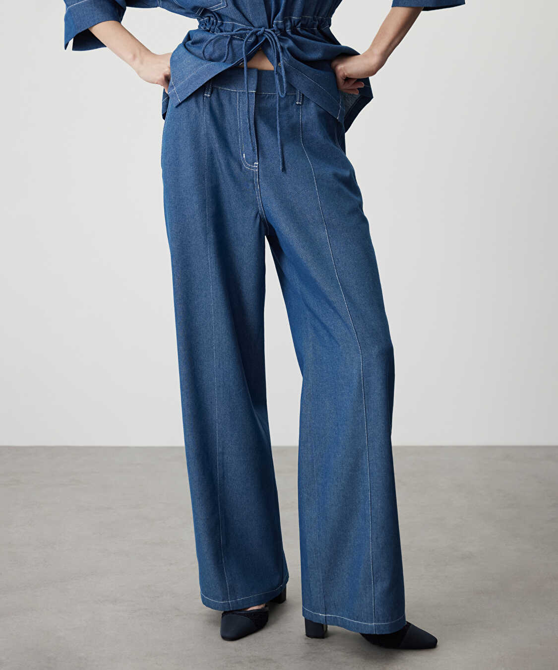 Kontrast dikişli wide leg pantolon - IS1260003078015 - Lacivert Pantolon