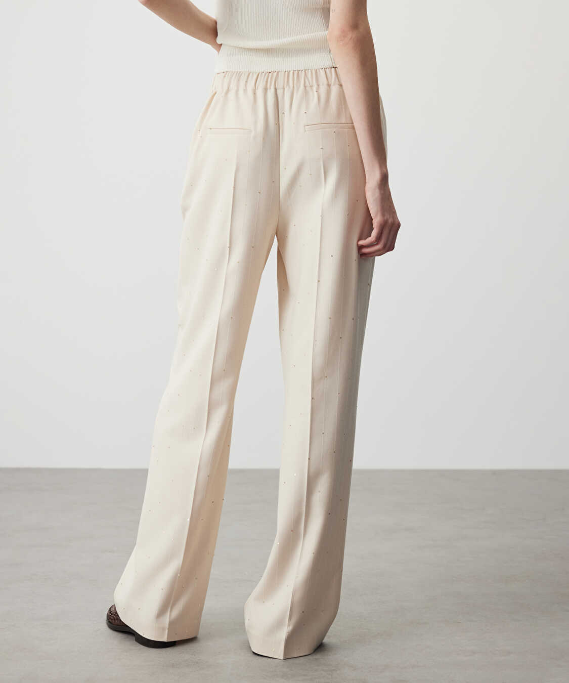 Payetli wide leg fit pantolon - IS1260003084003 - Natürel Pantolon