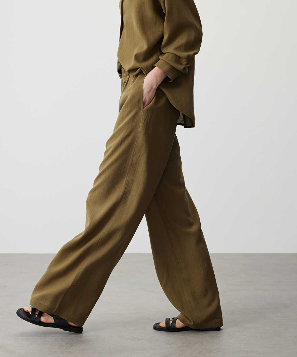 Elastik bel wide leg fit pantolon - IS1260003111022 - Haki Pantolon