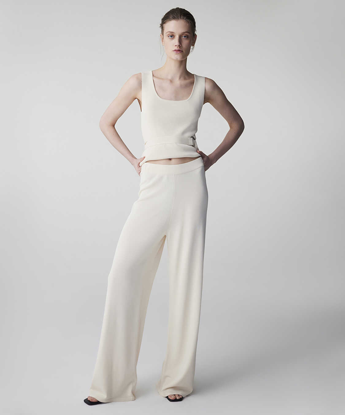 Wide leg triko pantolon - IS1260003159018 - Ekru Pantolon