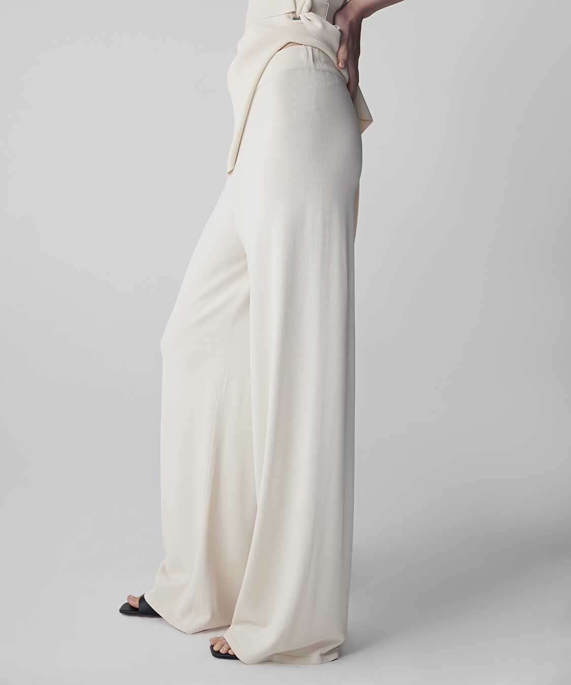 Wide leg triko pantolon - IS1260003159018 - Ekru Pantolon