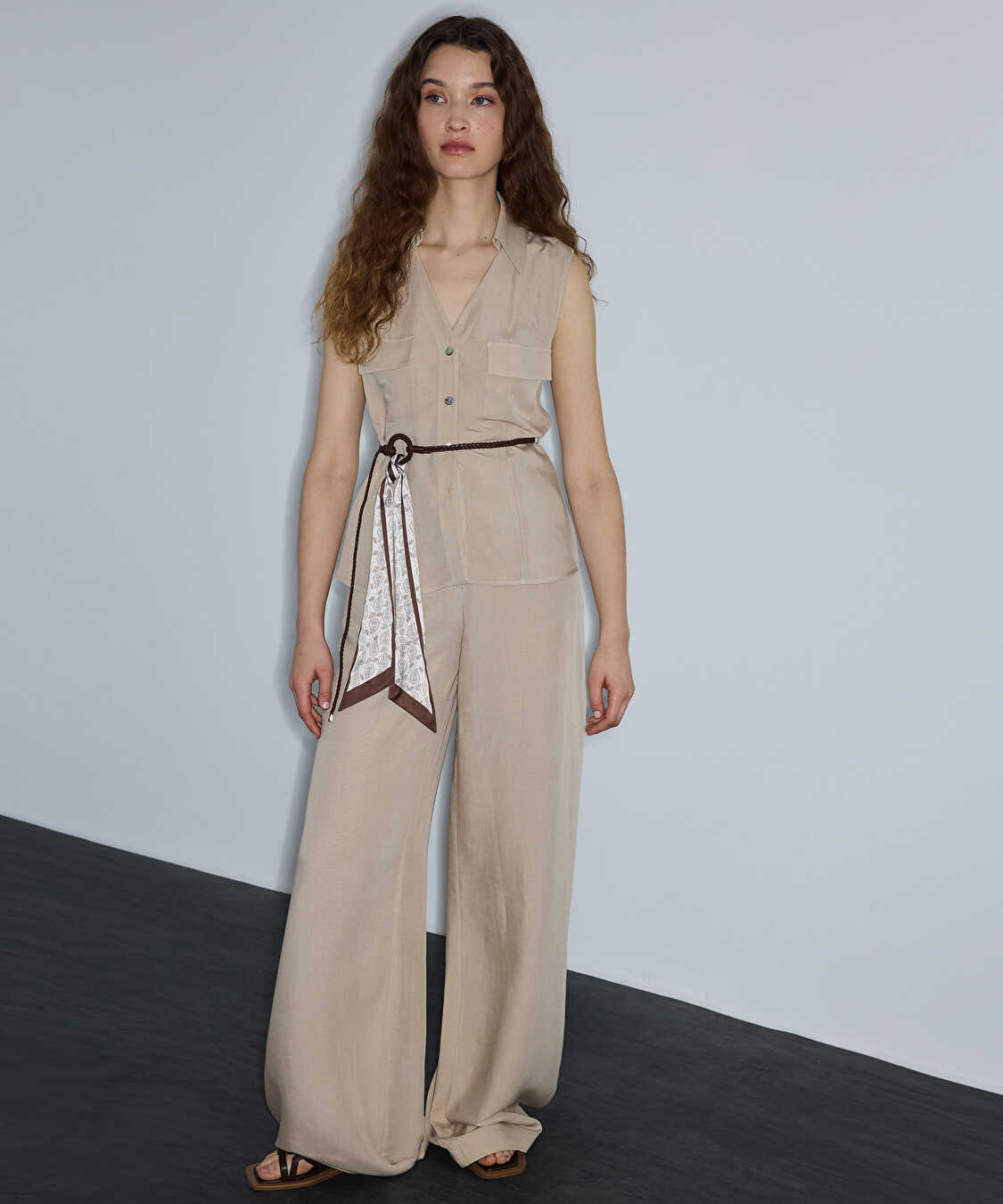 Keten içerikli wide leg pantolon - IS1260003192003 - Natürel Pantolon