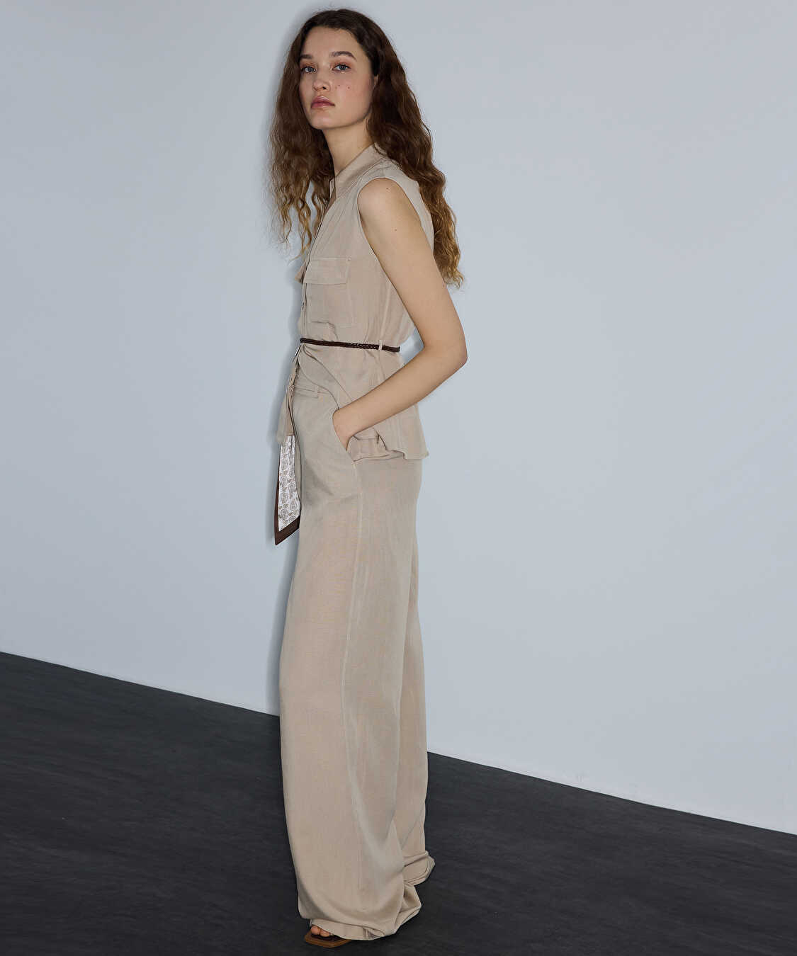 Keten içerikli wide leg pantolon - IS1260003192003 - Natürel Pantolon