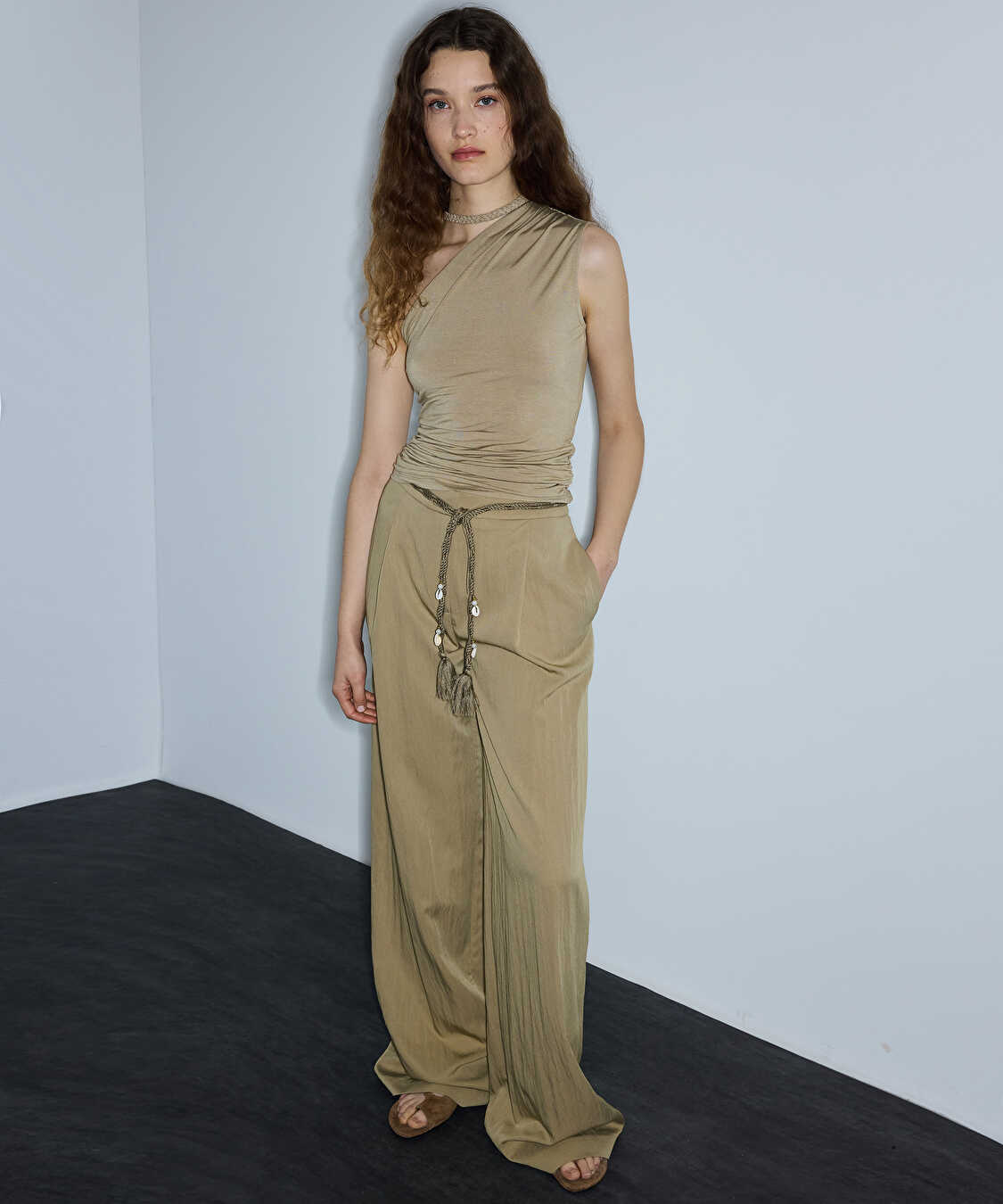 Püsküllü kuşaklı wide leg pantolon - IS1260003204003 - Natürel Pantolon