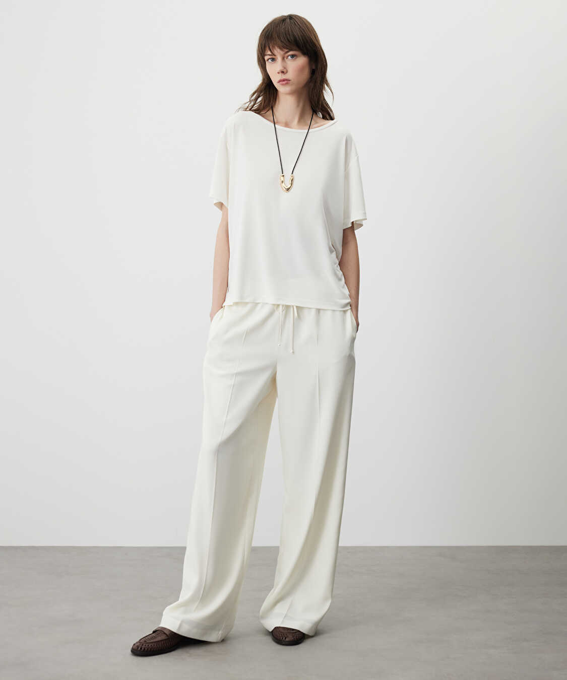 Belden bağlamalı wide leg pantolon - IS1260003205018 - Ekru Pantolon
