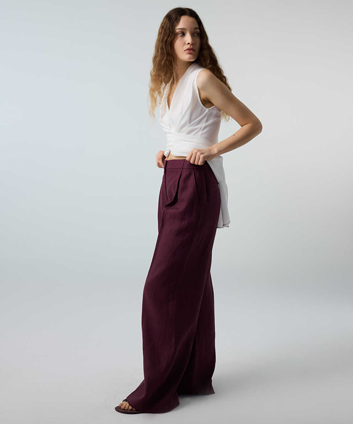 Kemerli wide leg keten pantolon - IS1260003215008 - Mürdüm Pantolon