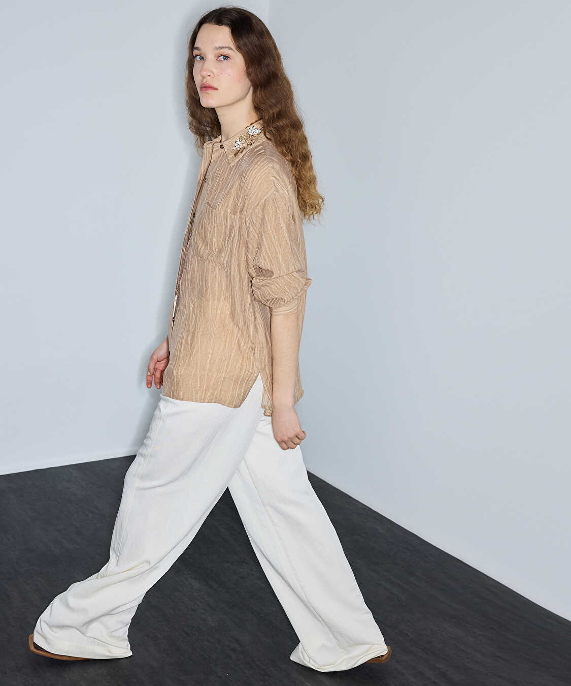 Belden bağlamalı wide leg pantolon - IS1260003249018 - Ekru Pantolon