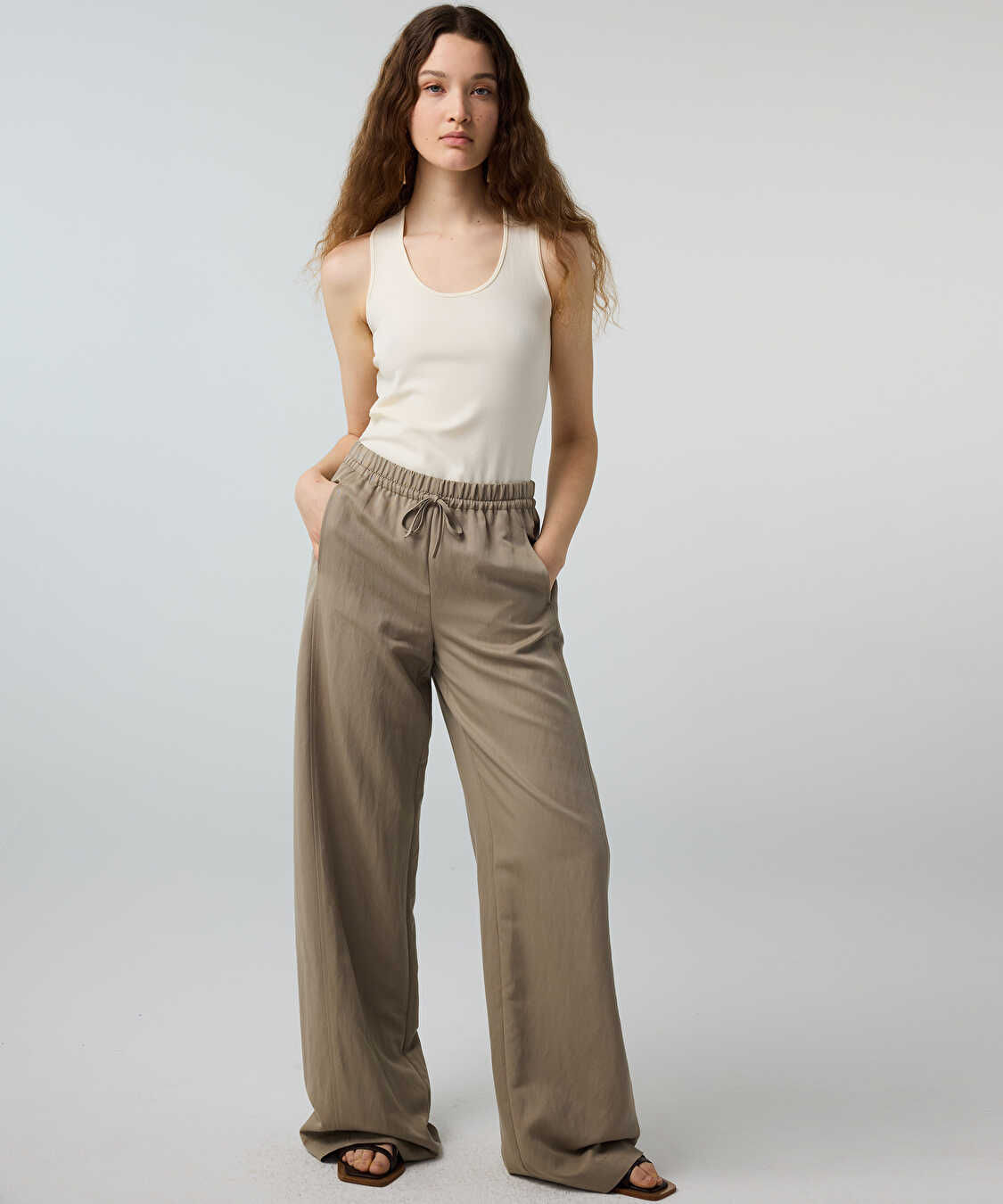 Belden bağlamalı wide leg pantolon - IS1260003249176 - Açık Haki Pantolon
