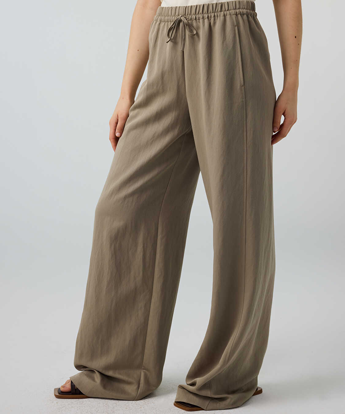 Belden bağlamalı wide leg pantolon - IS1260003249176 - Açık Haki Pantolon