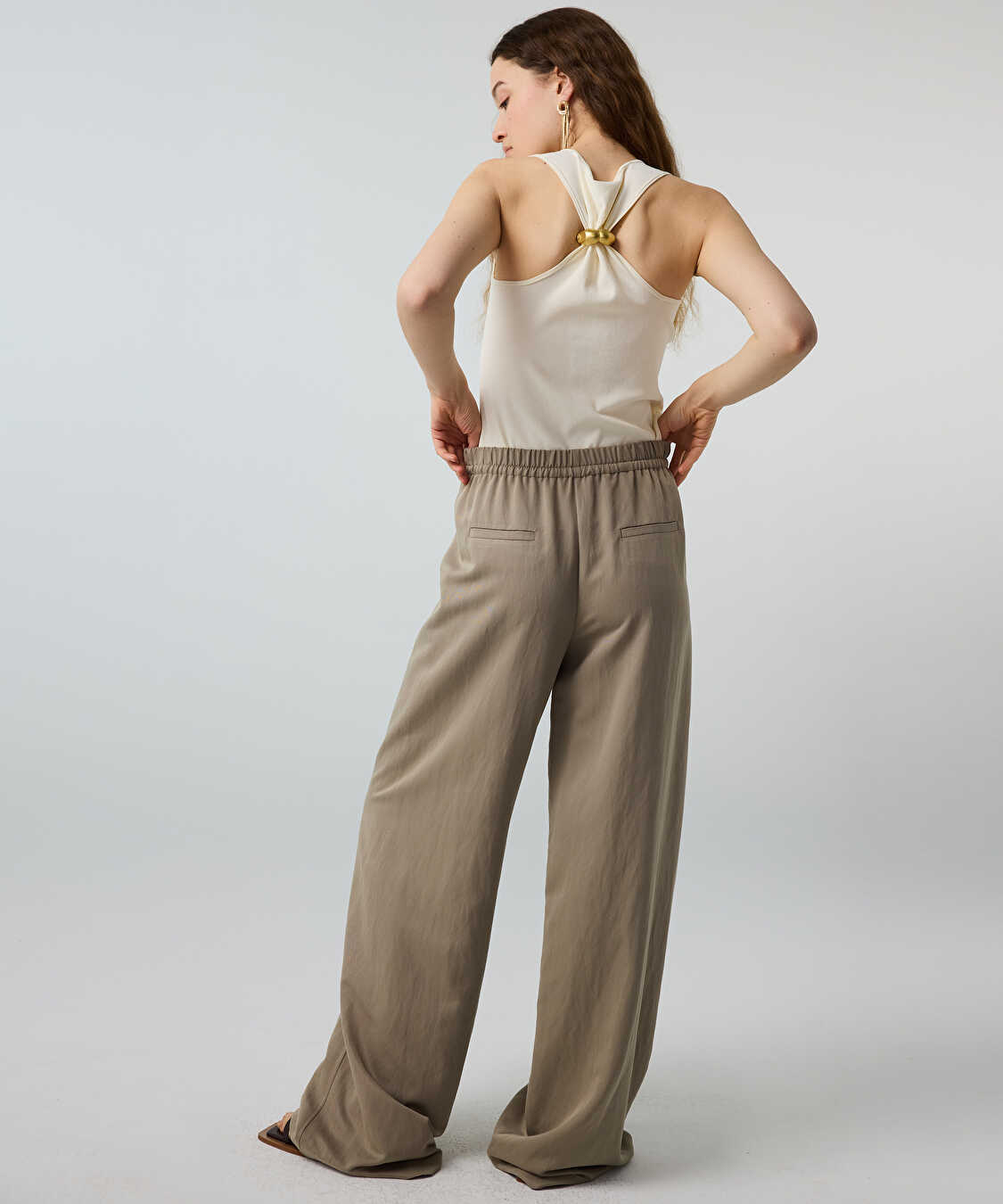 Belden bağlamalı wide leg pantolon - IS1260003249176 - Açık Haki Pantolon