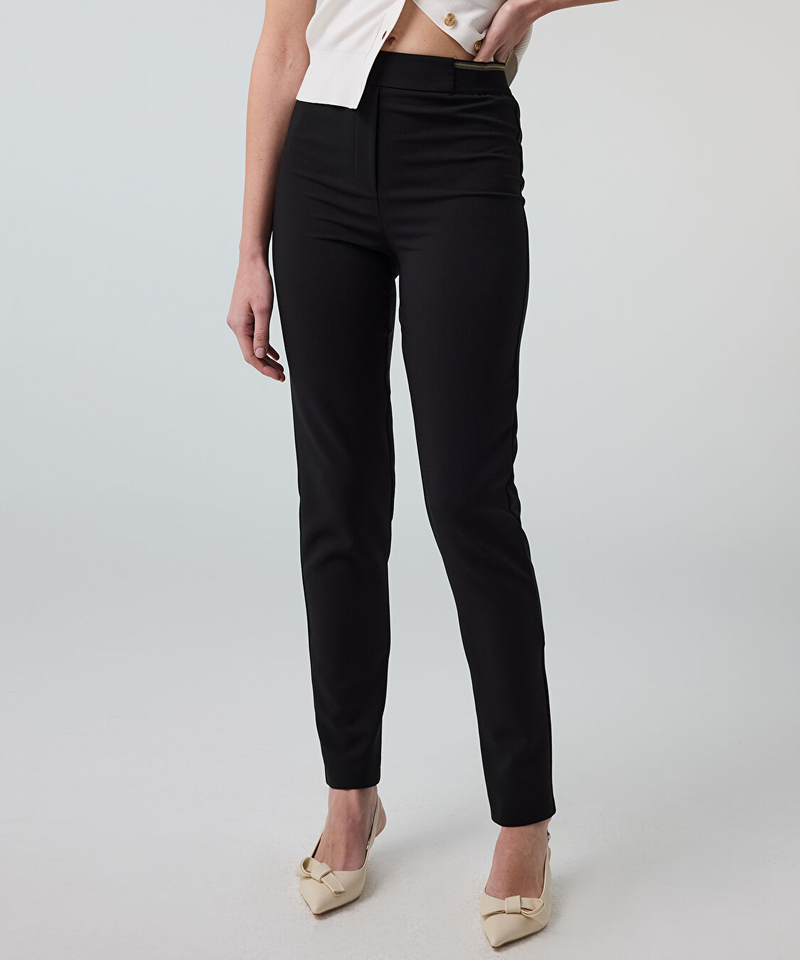 Lurex bel skinny fit pantolon - IS1260003250001 - Siyah Pantolon