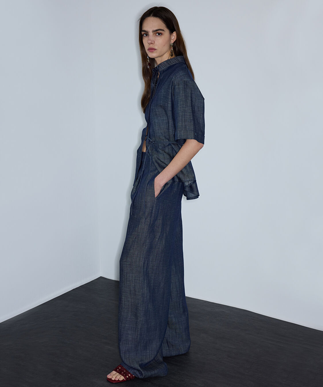 Denim görünümlü wide leg pantolon - IS1260003251015 - Lacivert Pantolon
