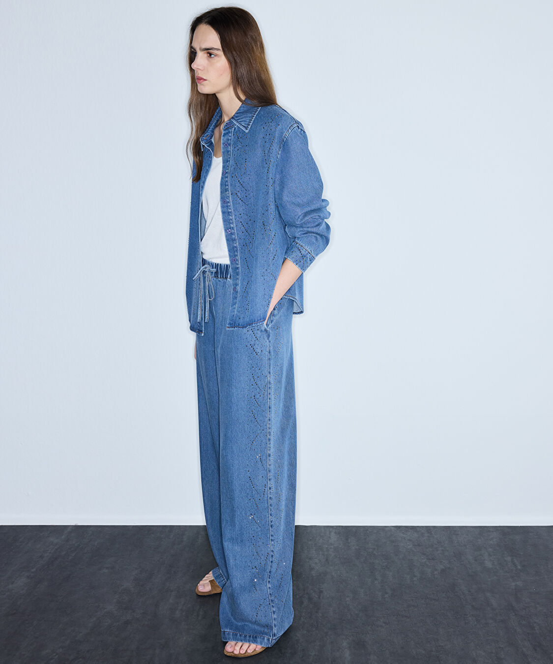 Hotfix baskılı denim pantolon - IS1260003252629 - İndigo Pantolon