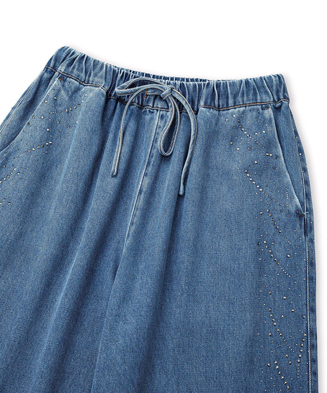 Hotfix baskılı denim pantolon - IS1260003252629 - İndigo Pantolon