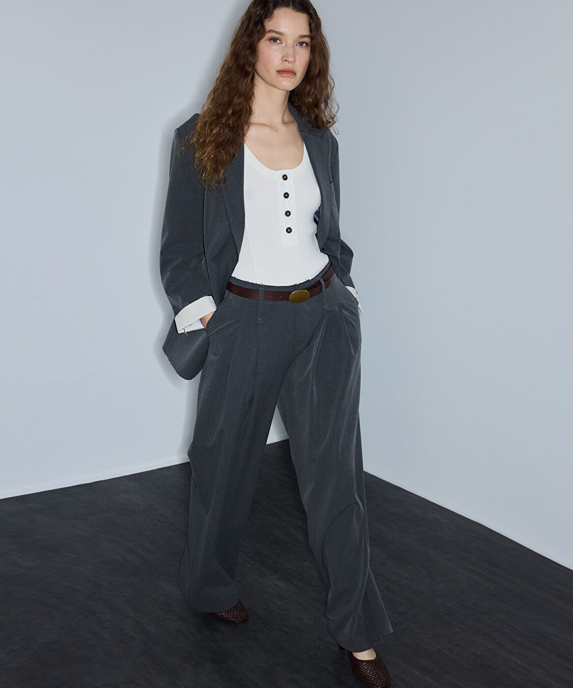 Raw edge wide leg pantolon - IS1260003274005 - Gri Pantolon