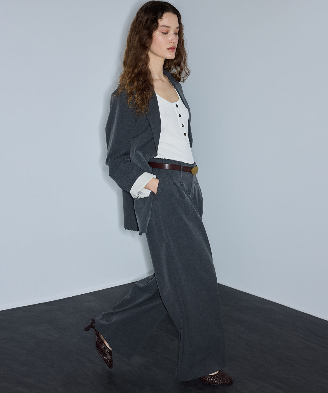 Raw edge wide leg pantolon - IS1260003274005 - Gri Pantolon