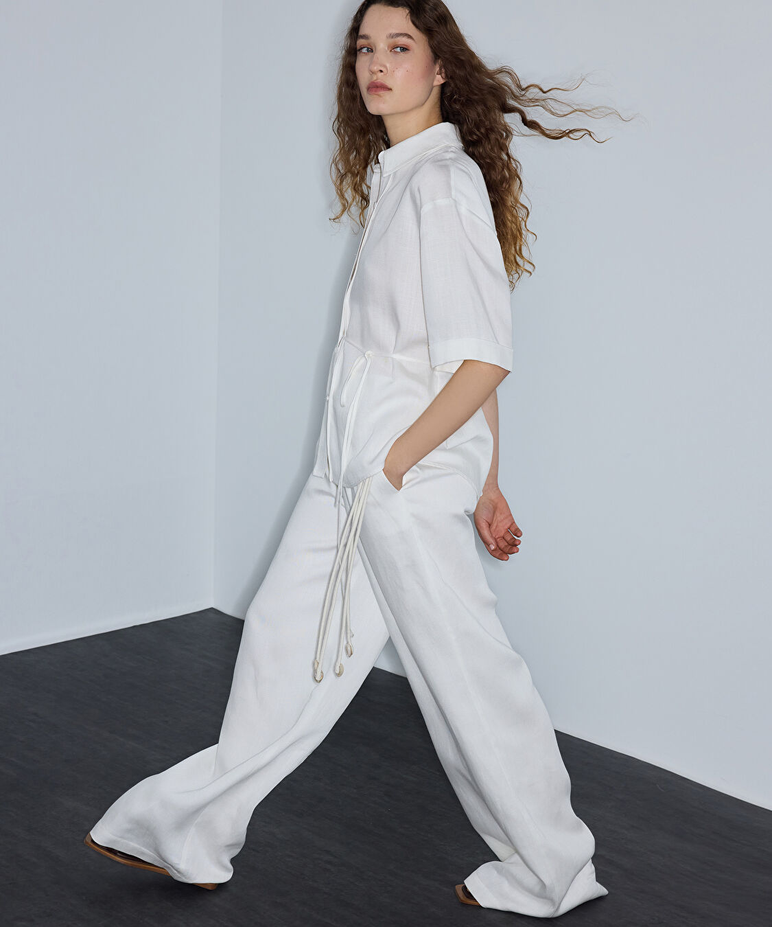 Elastik bel wide leg pantolon - IS1260003291002 - Beyaz Pantolon