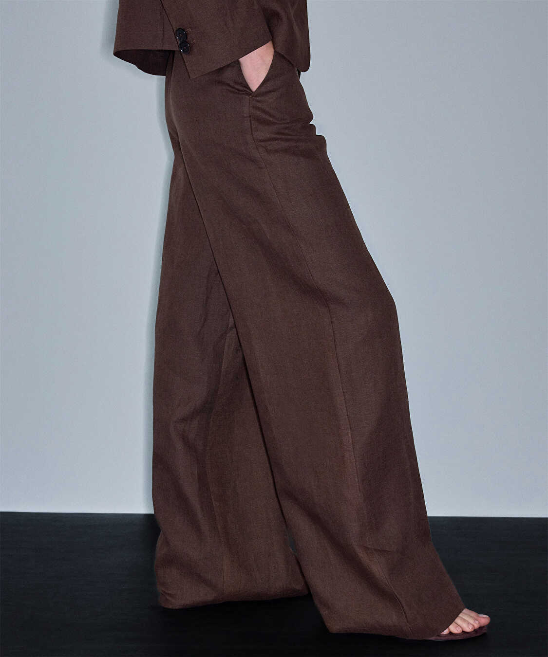 Keten wide leg pantolon - IS1260003371074 - Kahverengi Pantolon