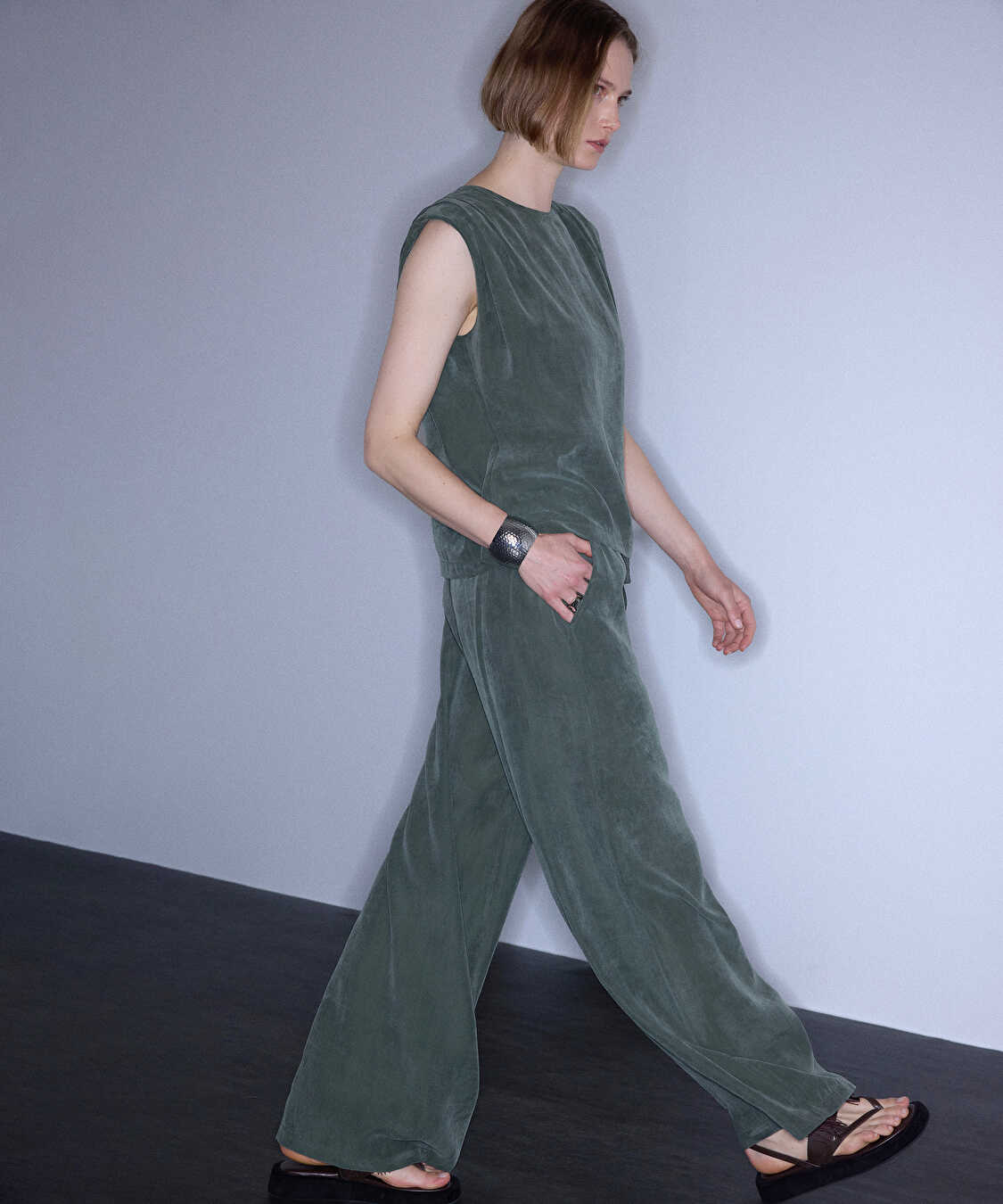 Belden bağlamalı wide leg pantolon - IS1260003434022 - Haki Pantolon