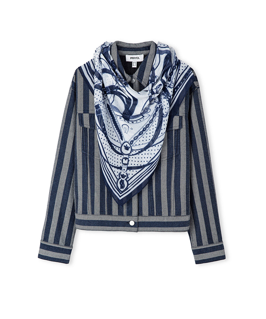 Fularlı ve çizgili denim ceket - IS1260005050629 - İndigo Ceket