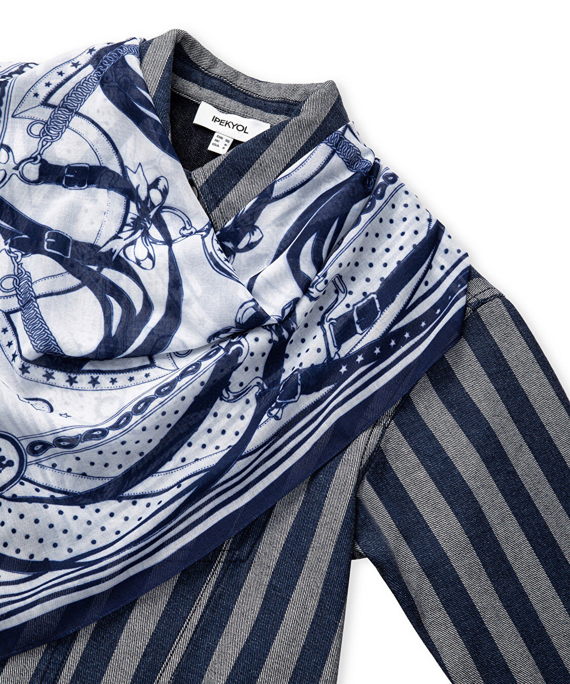 Fularlı ve çizgili denim ceket - IS1260005050629 - İndigo Ceket