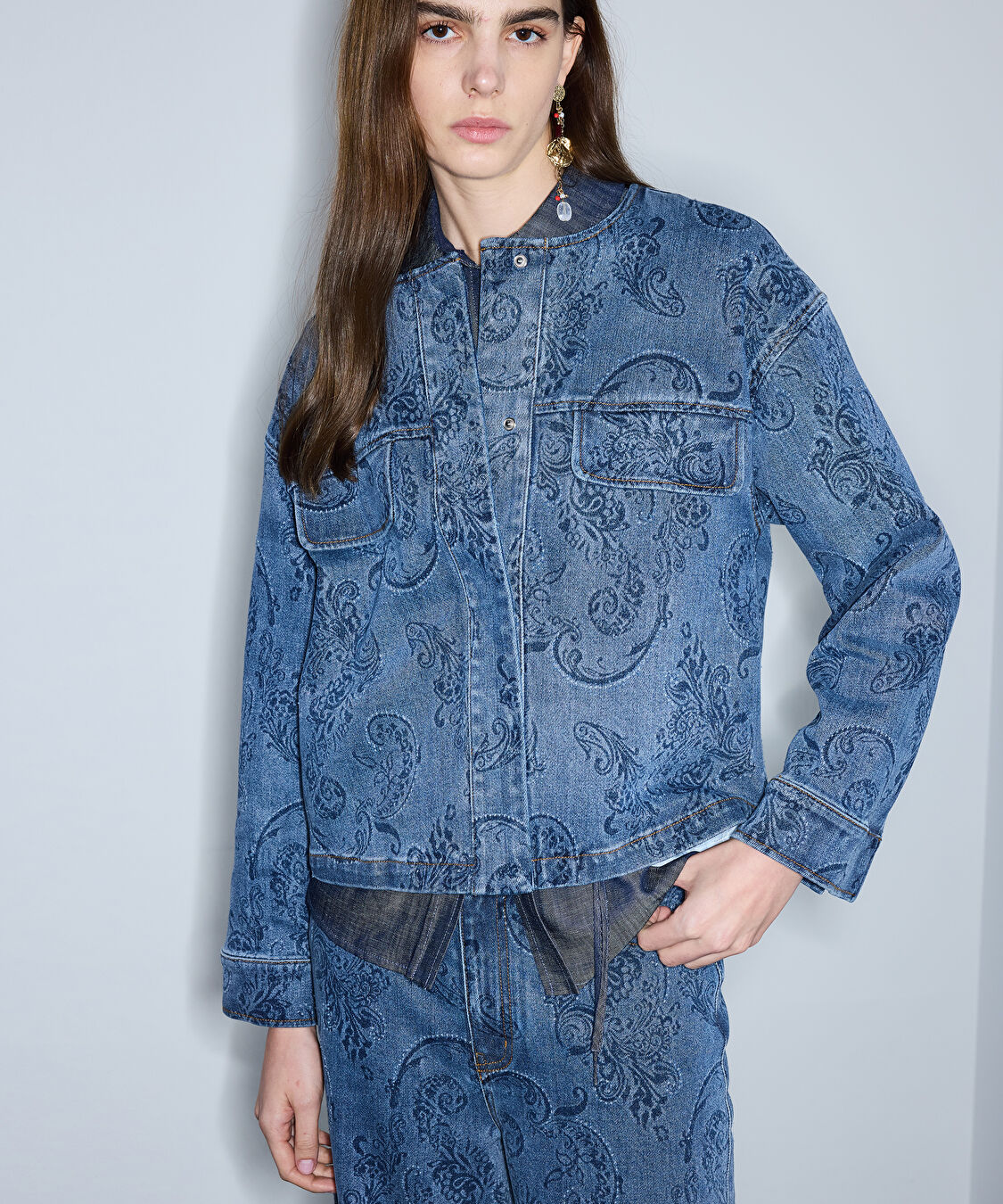 Etnik desen baskılı denim ceket - IS1260005100AC7 - Koyu İndigo Ceket