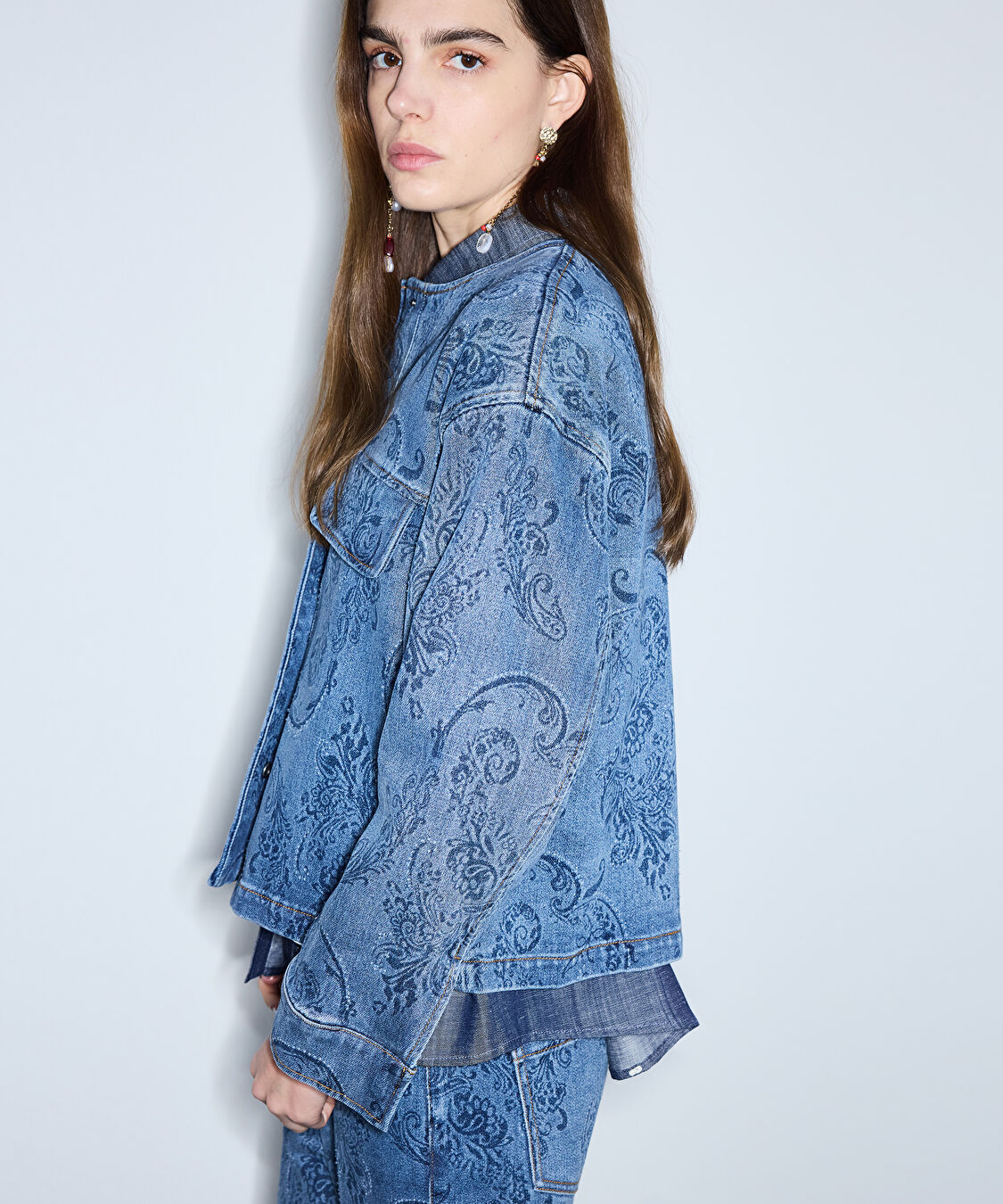 Etnik desen baskılı denim ceket - IS1260005100AC7 - Koyu İndigo Ceket