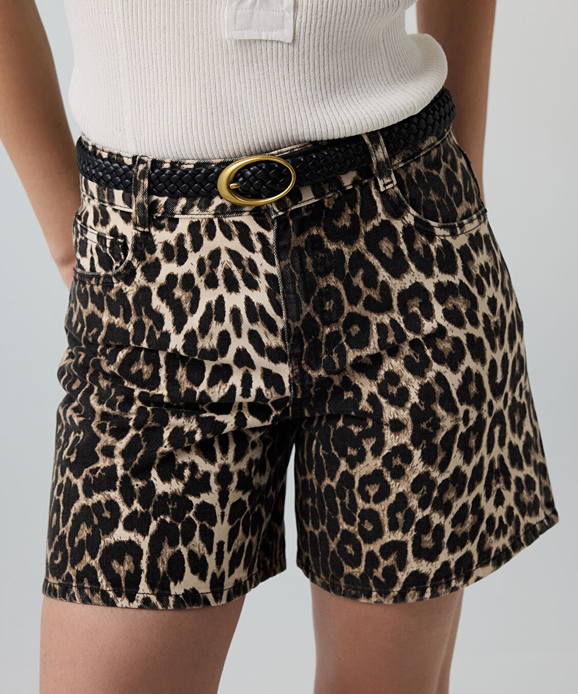 Leopar desen non denim şort  - IS1260013075074 - Kahverengi Şort
