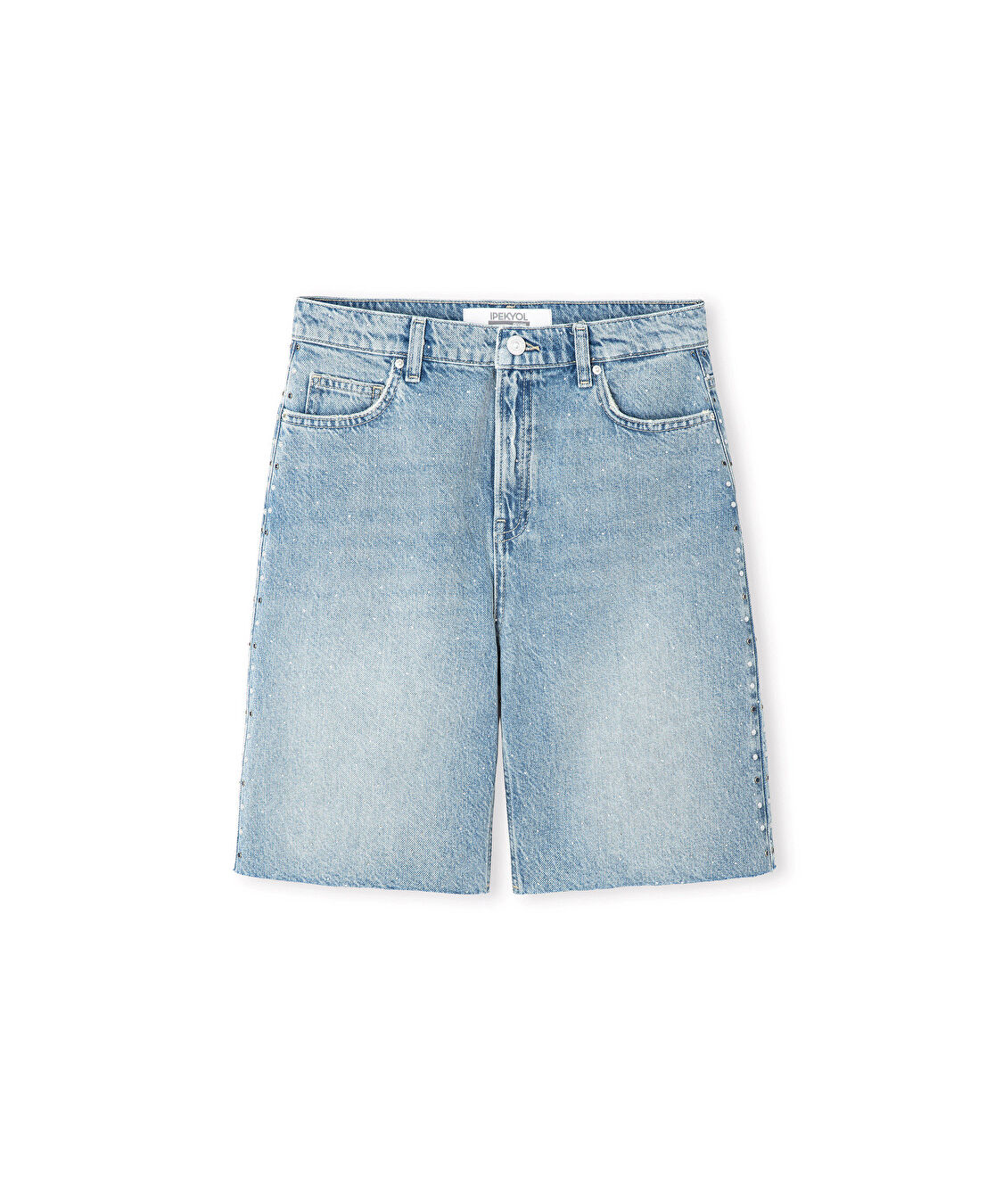 Hotfix ve trok baskılı denim şort - IS1260013077CC2 - Açık İndigo Şort