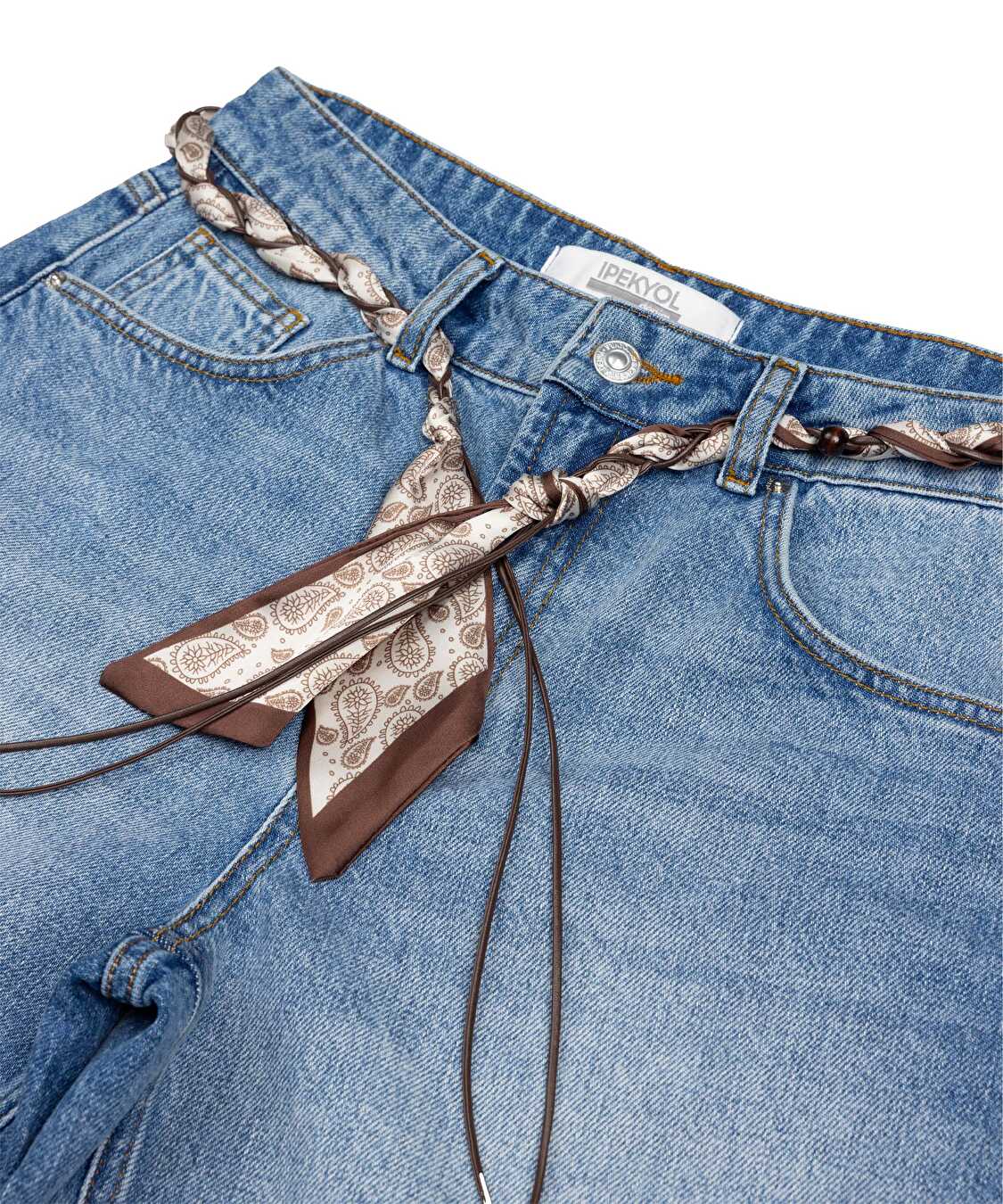 Fular kemerli denim şort - IS1260013144629 - İndigo Şort