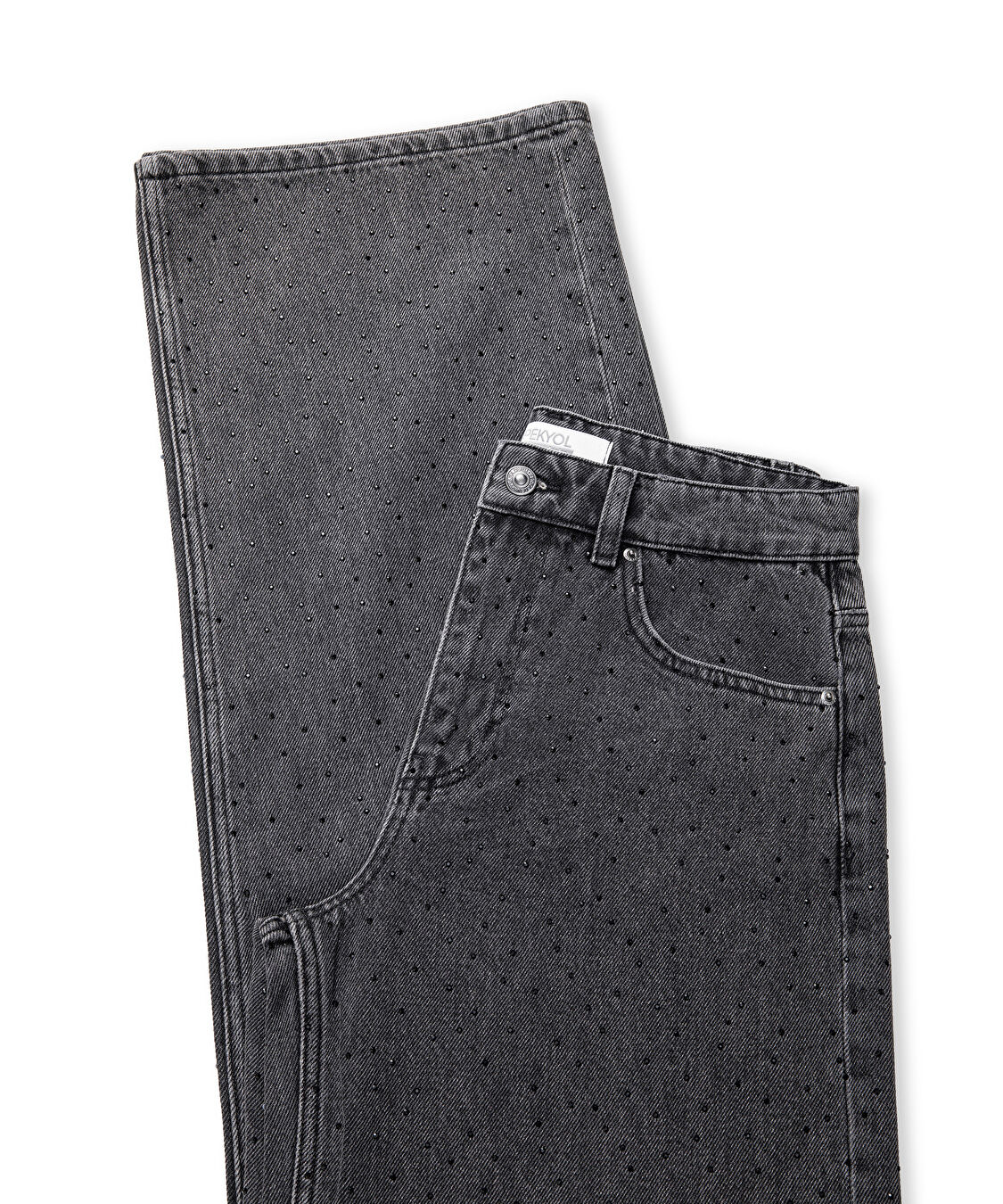 Hotfix baskılı wide leg jean pantolon - IS1260018015001 - Siyah Jean Pantolon
