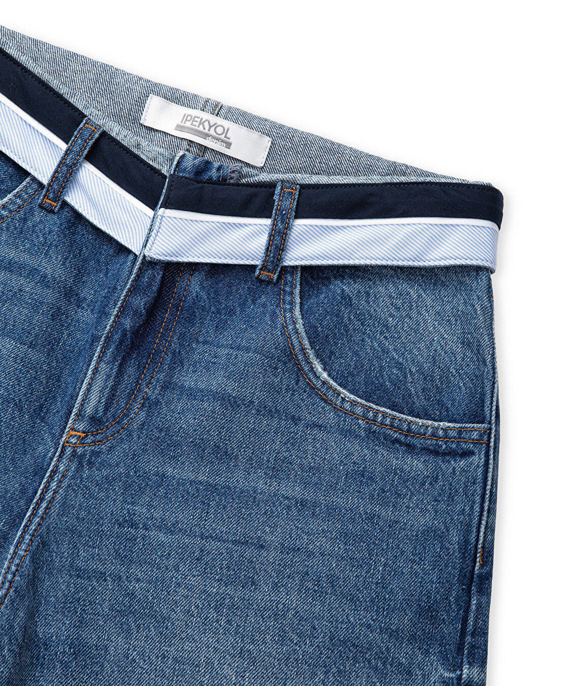 Kontrast bel wide leg jean pantolon - IS1260018022AC7 - Koyu İndigo Jean Pantolon